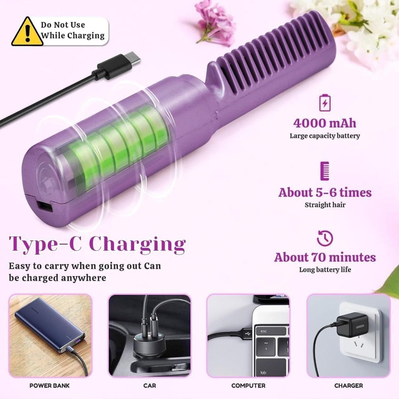 Portable Mini Hair Straightener Cordless Rechargeable with Hot Comb
